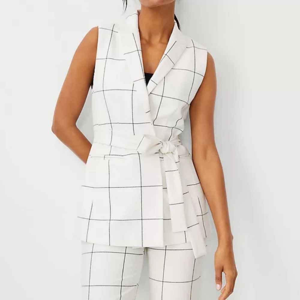 Ann Taylor Petite Windowpane Long Belted Vest Size 14P NWT